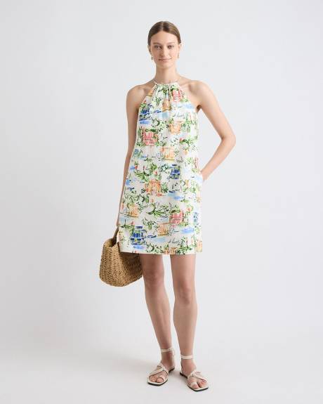 Robe Courte Sans Manches &agrave; Encolure Licou en M&eacute;lange de Lin