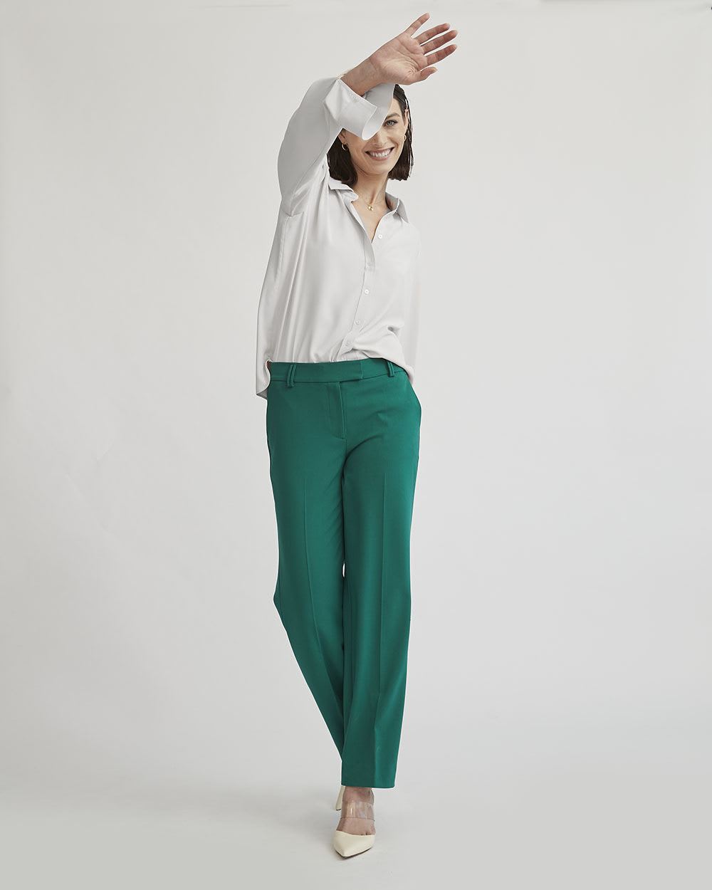 Pantalon Vert Émeraude à Taille Mi-Haute et Jambe Large - 33 "