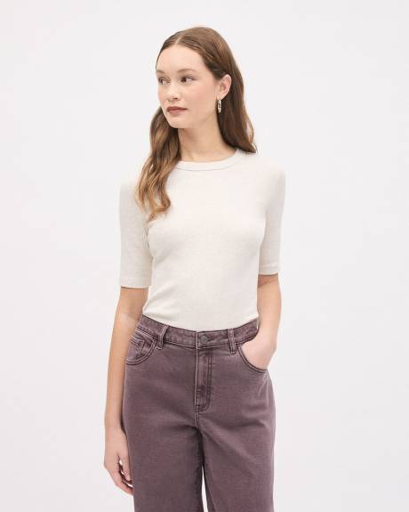 Elbow-Sleeve Crew-Neck Fitted Ribbed Tee
