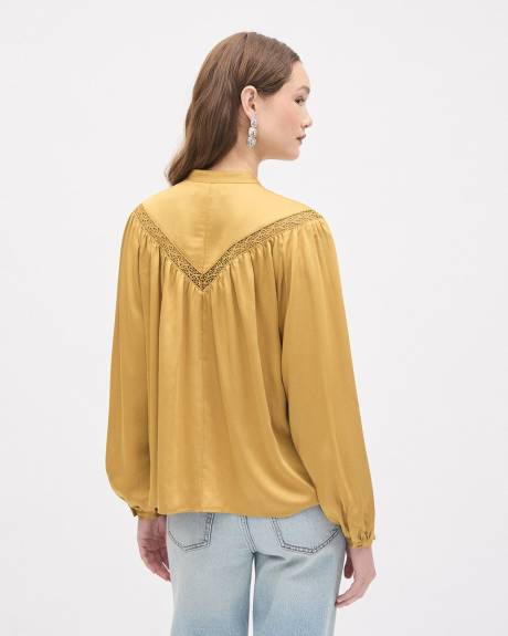 Long-Puffy-Sleeve Buttoned-Down Blouse with Eyelet Pattern