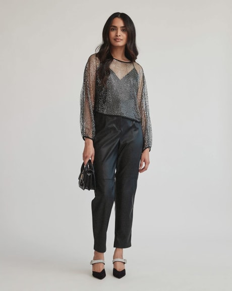 Sequin Grid Long Sleeve Popover Blouse