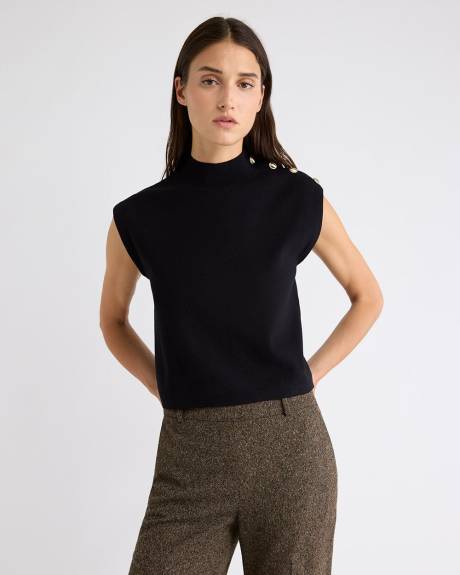 Sleeveless Mock-Neck Sweater with Buttons on Shoulder