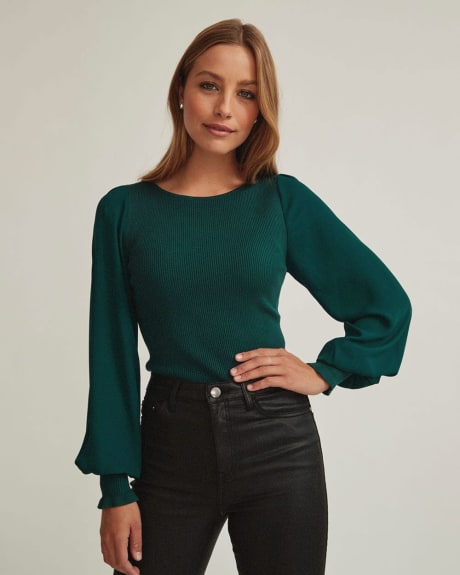 Ribbed Knit Boat Neck Sweater with Chiffon Sleeves