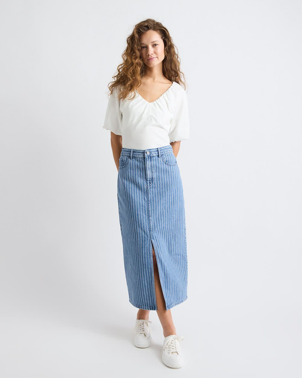 Striped High-Rise Denim Maxi Skirt