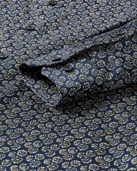 Navy Slim-Fit Dress Shirt with Floral Pattern
