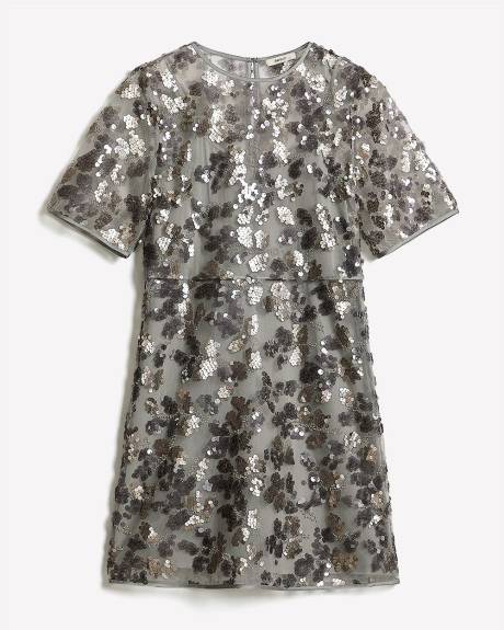 Robe Cocktail Mini à Paillettes à Manches Courtes