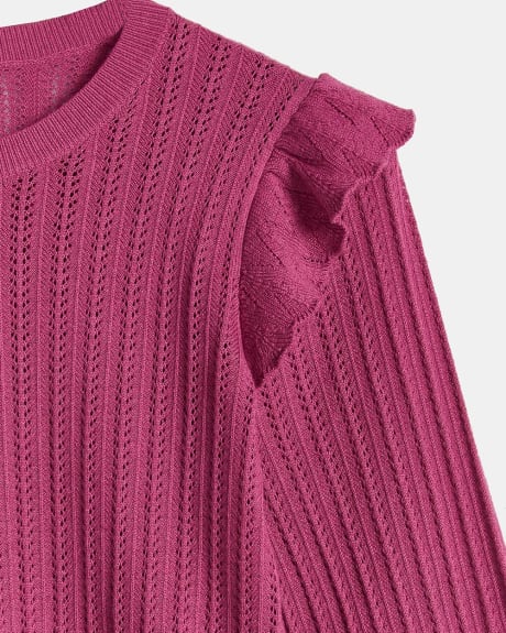 All-Over Pointelle Stitch Sweater with Ruffled Shoulders
