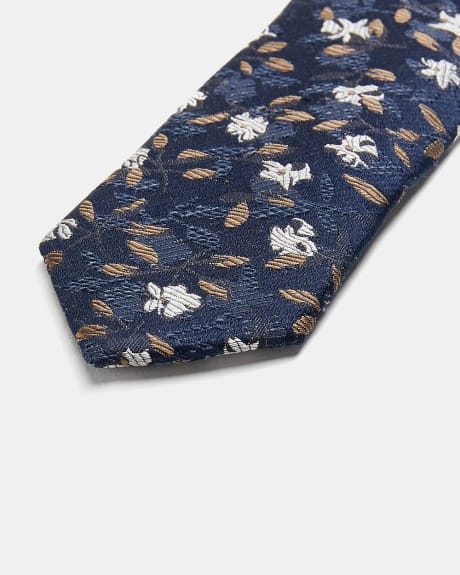 Skinny Navy Tie with Golden Leaves