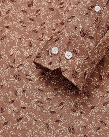 Tailored Fit Beige Dress Shirt with Leaf Print