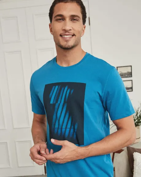 Blue Crew-Neck T-Shirt with Blurry Print