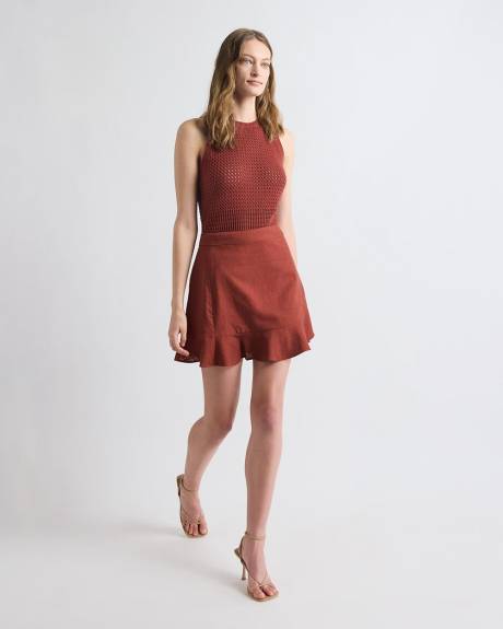 Linen-Blend Faux-Wrap Mini Skirt