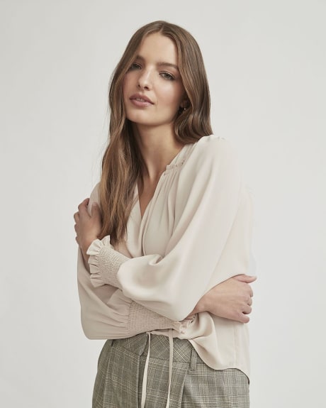 Twist Twill Long Puffy Sleeve V-Neck Blouse with Tie