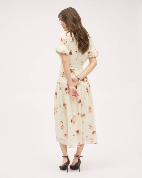 Robe Midi &agrave; Manches Courtes Bouffantes et Col Rond