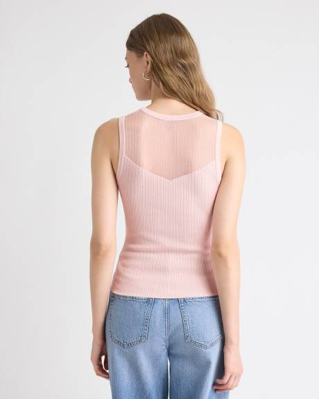 Crew-Neck Ribbed Cami with Sheer Yoke