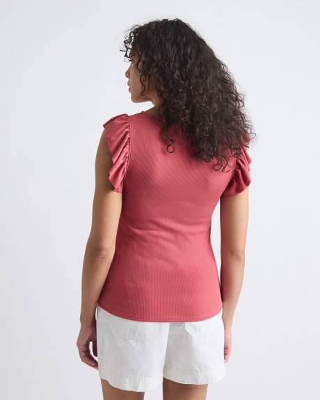 Short-Flutter-Sleeve Crew-Neck Top