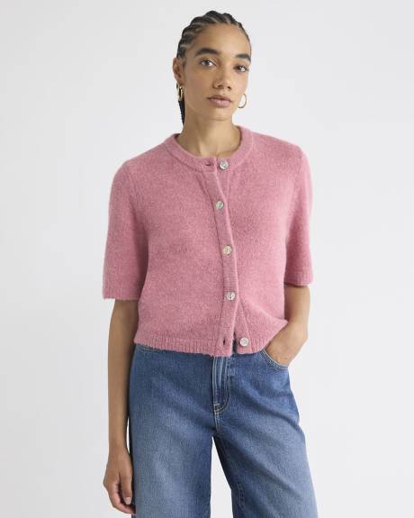 Wool-Blend Elbow-Sleeve Crew-Neck Cardigan