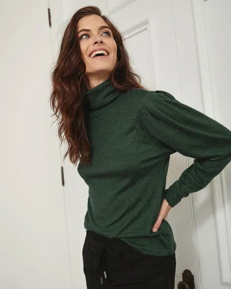 Brushed Knit Turtleneck Sweater with Pleated Shoulders