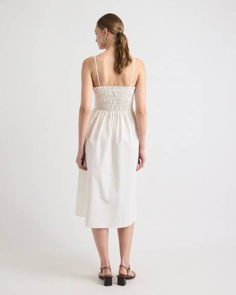 Robe Midi Cintrée et Évasée Sans Manches avec Haut Smocké en Popeline