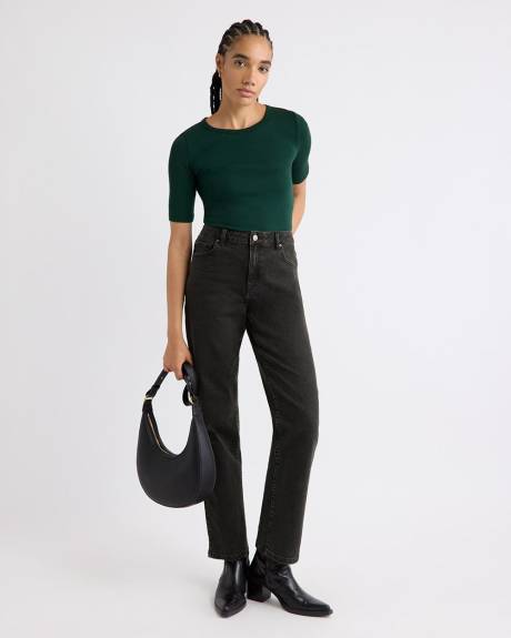 T-Shirt Ajusté à Manches aux Coudes et Col Rond