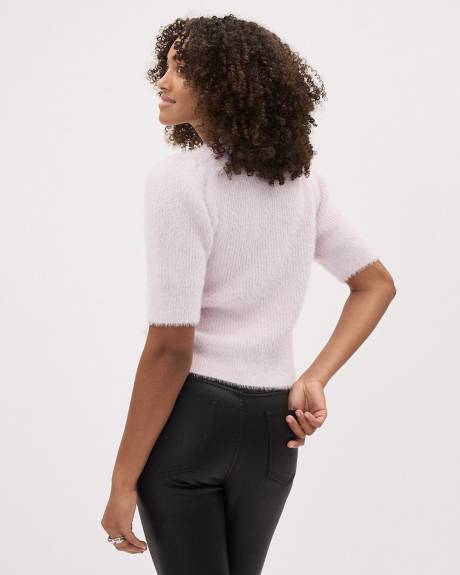 Elbow-Sleeve Mock-Neck Feather-Yarn Pullover with Pearls