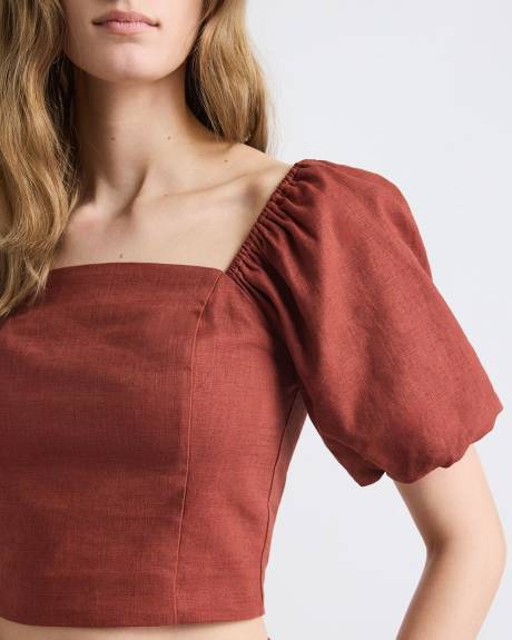 Linen-Blend Square-Neck Tube Top with Puffy Sleeves