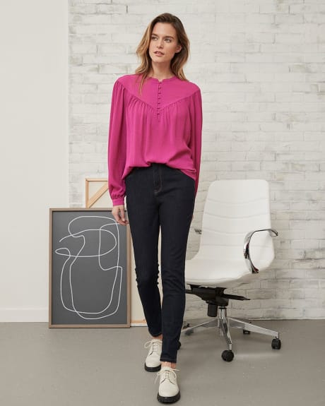 Crew Neck Popover Blouse with Front V Insert