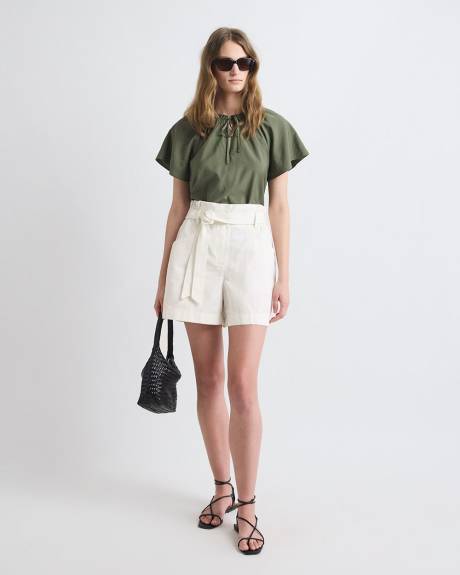 Short en Coton &agrave; Taille Tr&egrave;s Haute avec Ceinture