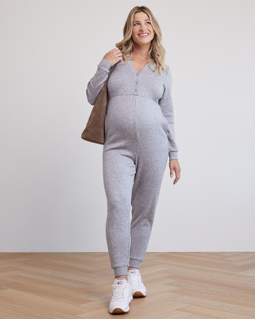 Long-Seeve V-Neck Jumpsuit - Thyme Maternity
