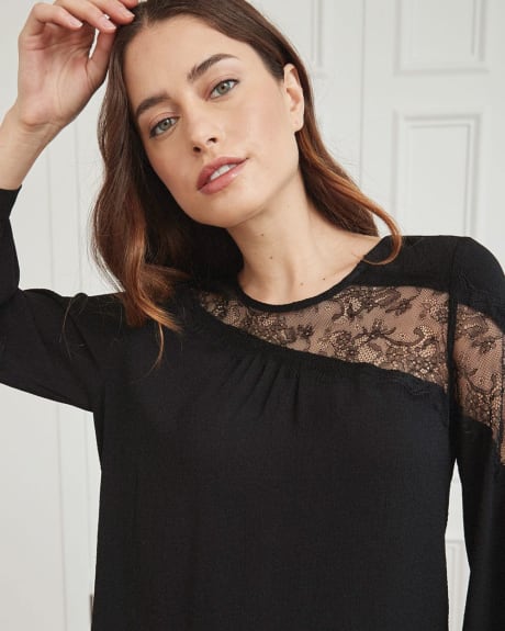 Crew Neck Long Sleeve Blouse with Novelty Lace Inserts