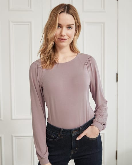 Long Puffy Sleeve T-Shirt with Shirred Shoulders