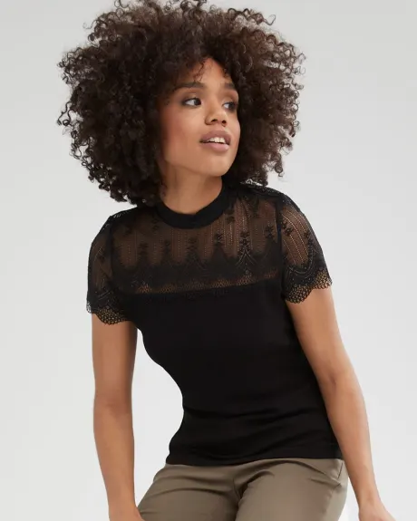 Lace and Crepe Mock-Neck T-Shirt