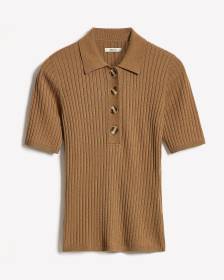 Elbow-Sleeve Ribbed Polo Sweater