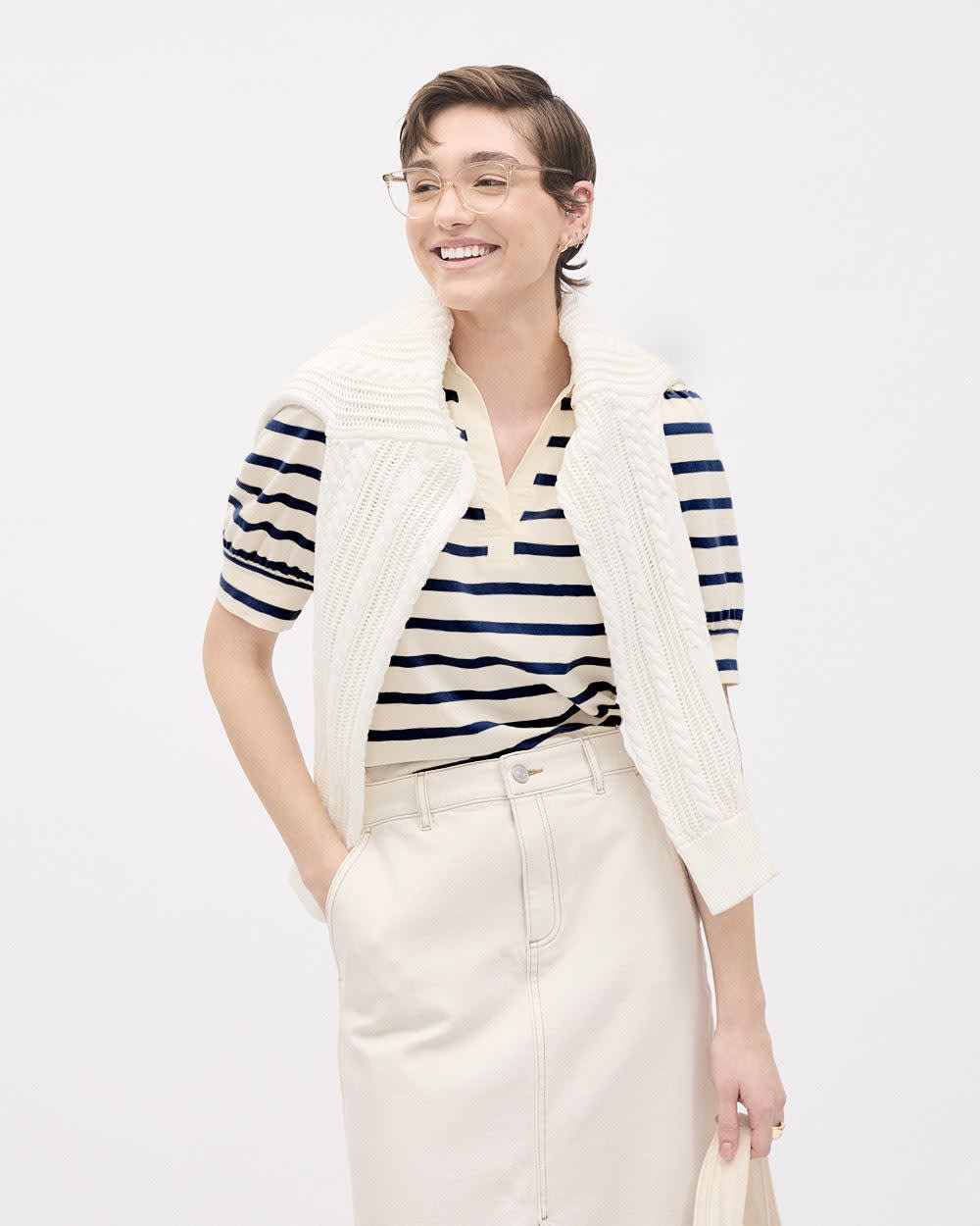 Puffy-Elbow-Sleeve V-Neck Striped Polo