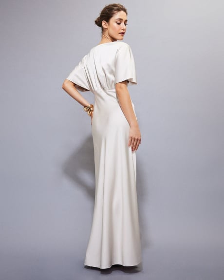 Short-Sleeve Satin Maxi Cocktail Dress