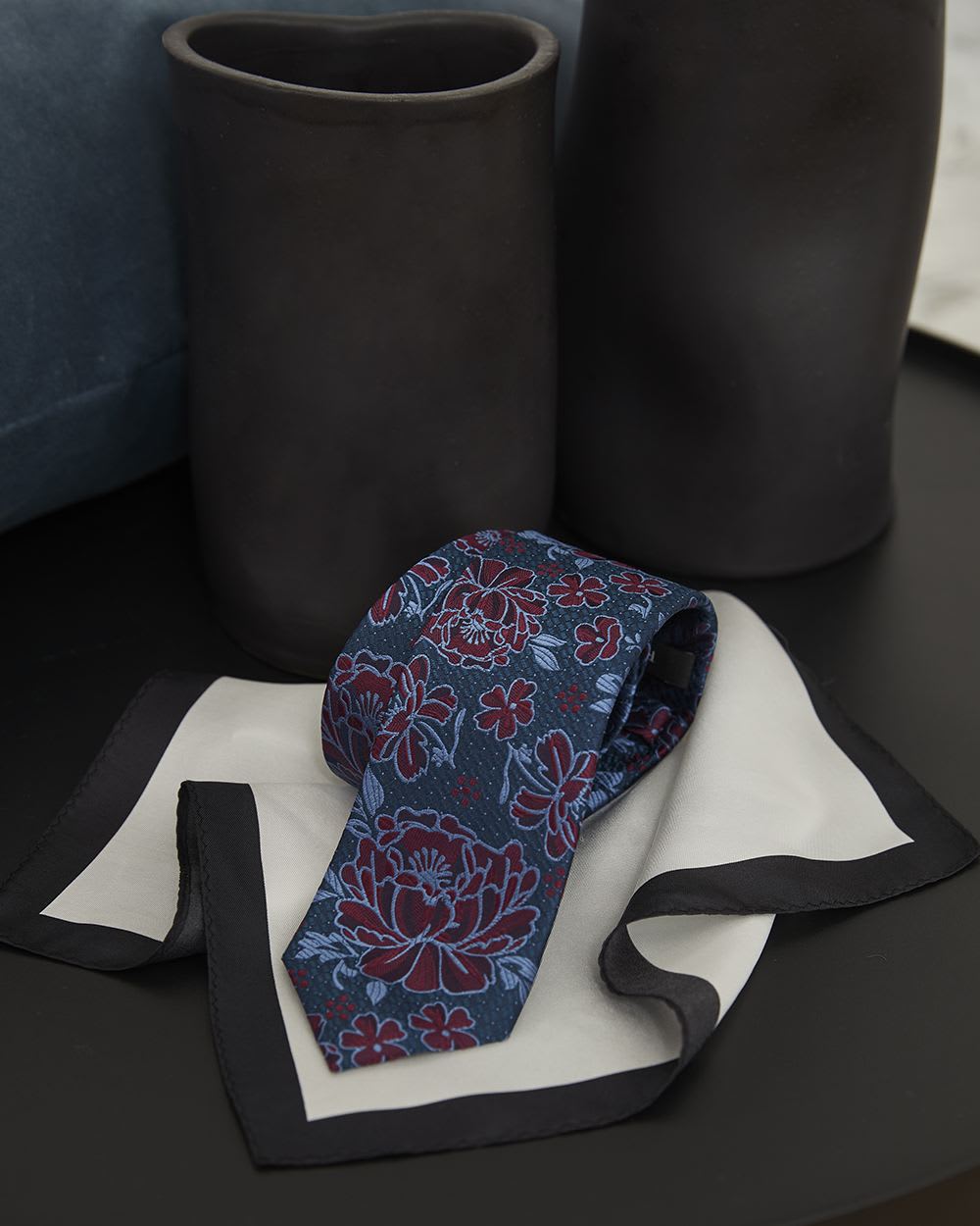 Red Floral Tie and Solid Hanckerchief - Gift Set