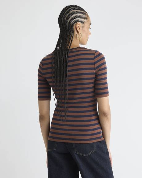 T-Shirt Rayé Ajusté à Manches aux Coudes et Col Rond