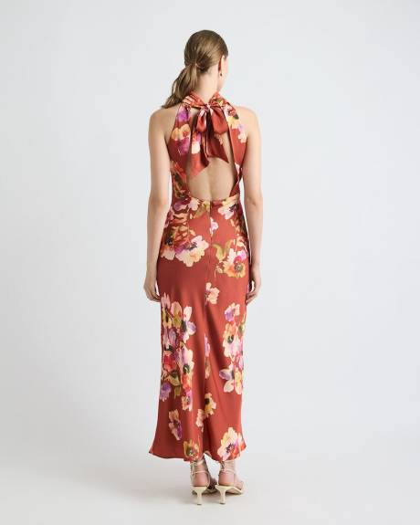 Robe Cocktail Midi en Satin Sans Manches &agrave; Encolure Licou