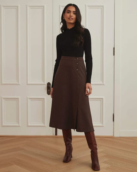 Buttoned High-Waist Faux Wrap Midi Skirt