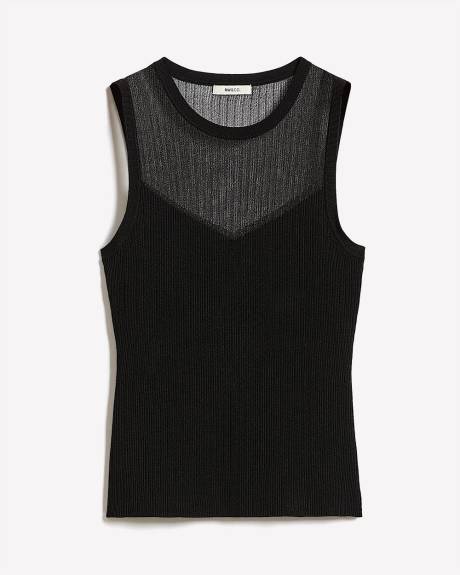 Crew-Neck Ribbed Cami with Sheer Yoke