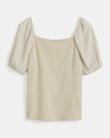 Square Neck Mixed-Media T-Shirt with Elbow Sleeve