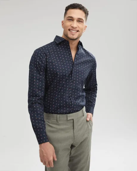 Regular Fit Two-Tone Leaves Patterned Navy Dress Shirt