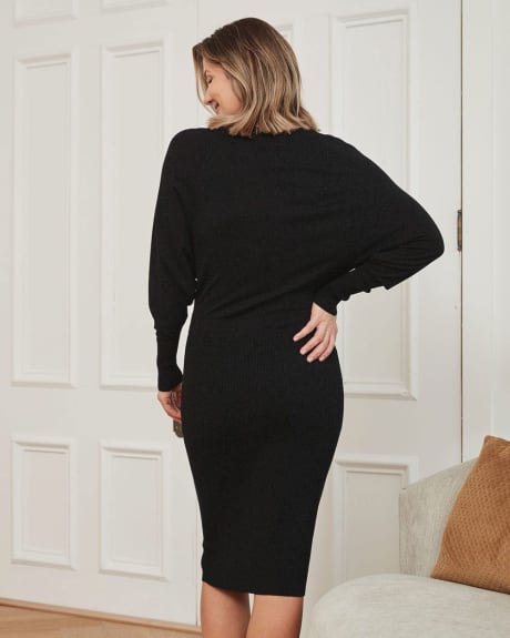 Batwing-Sleeve Sweater Dress with Cinched Waist