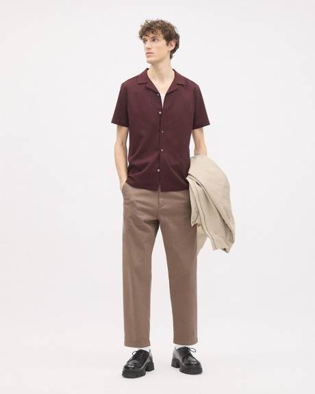 Short-Sleeve Herringbone Shirt with Camp Collar