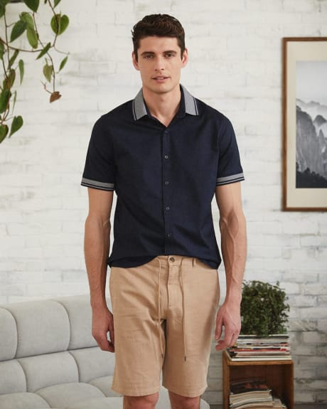 Slim Fit Short-Sleeve Oxford Shirt With Knit Collar