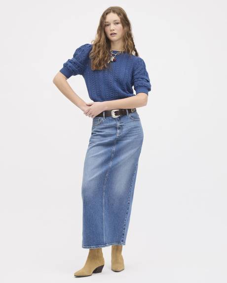 Pull en Mailles Pointelle &agrave; Col Rond et Manches aux Coudes Bouffantes