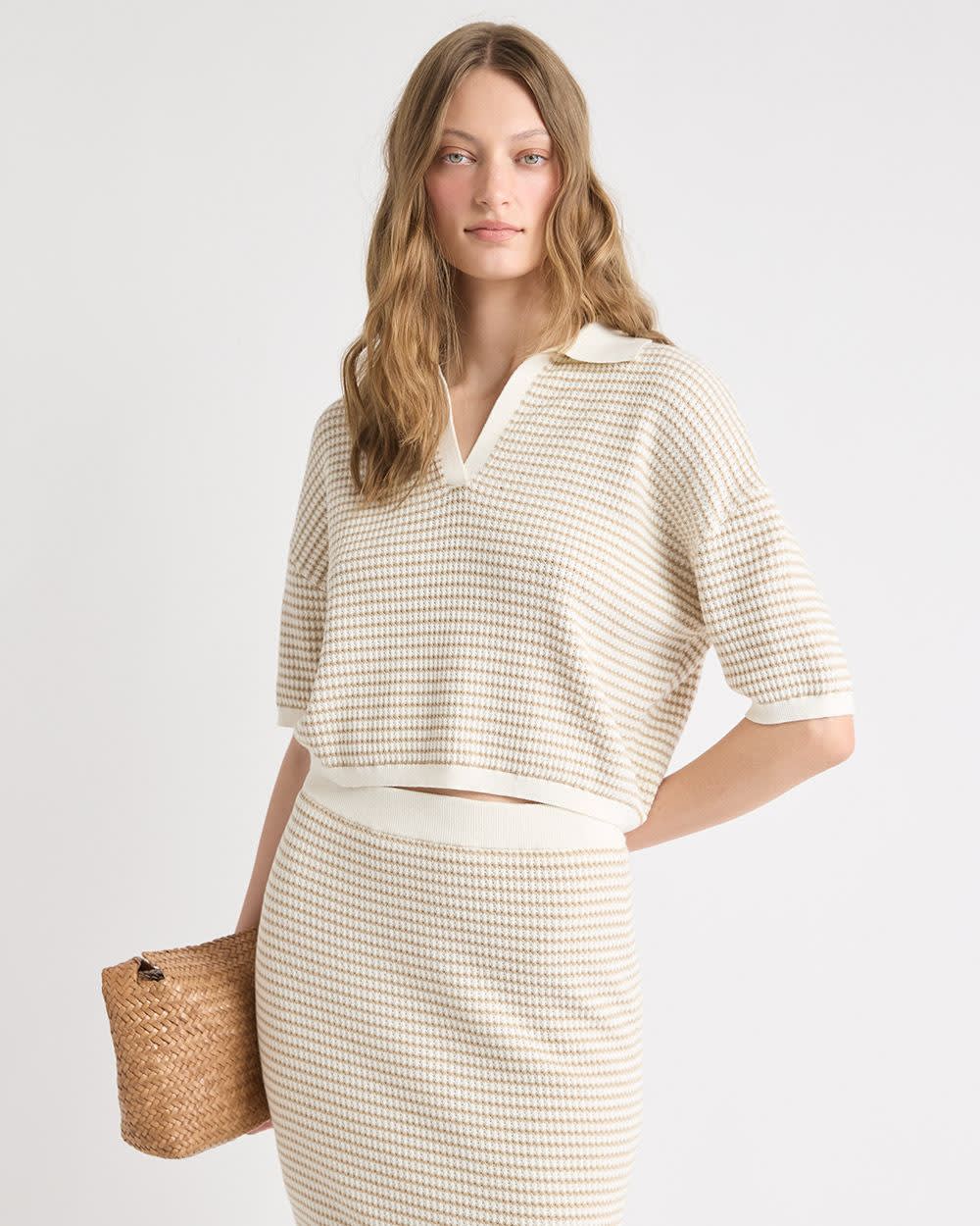Elbow-Sleeve Polo Sweater in Fancy Stitches