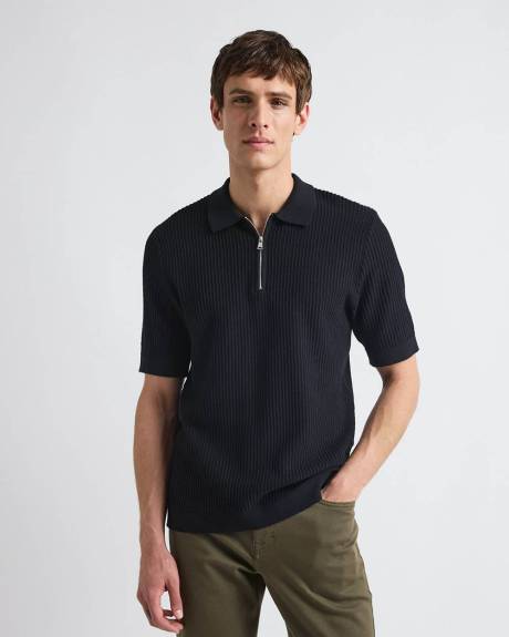 Short-Sleeve Half-Zip Textured Sweater with Shirt Neckline