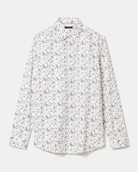 White Slim-Fit Dress Shirt with Floral Pattern