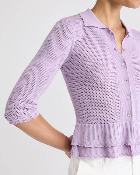 Polo Cardigan with Frilled Hem