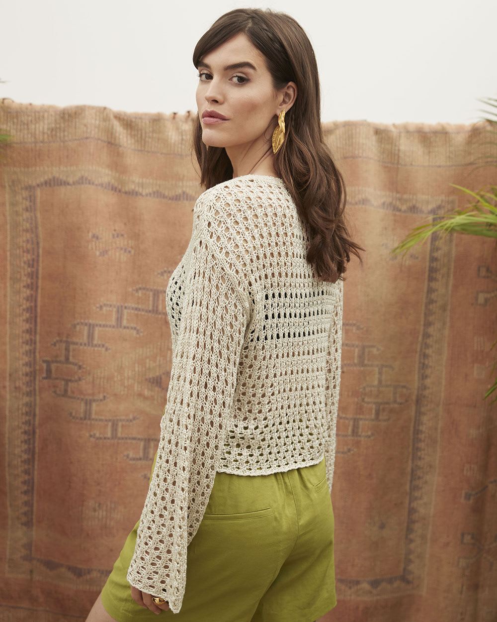 Crochet Crew-Neck Cropped Pullover Sweater